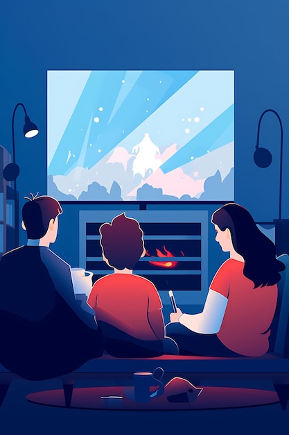 Poster van de Wereld Televisiedag met gezinnen die samen tv kijken Blauwe 2D-ontwerp Internationale Dag