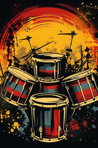 Poster van Drumbeats Gathering Black Red and Yellow Drum Circle Lively Design Art 2D T-shirt inkt