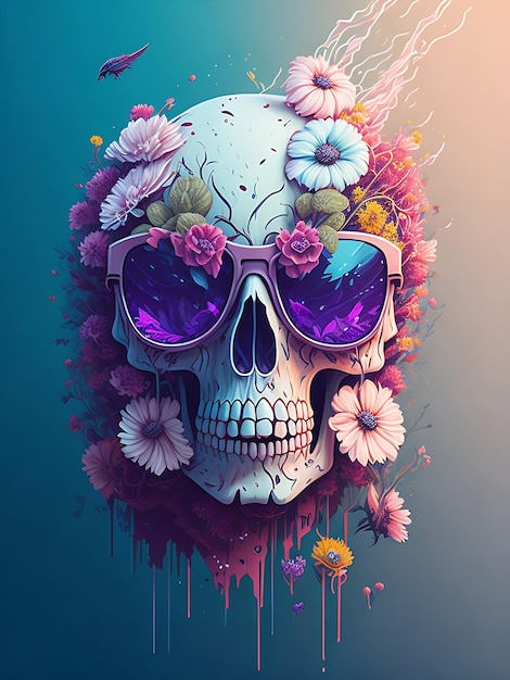 Poster van een dode schedel met trendy zonnebril bloem spatten 3D vector illustratie