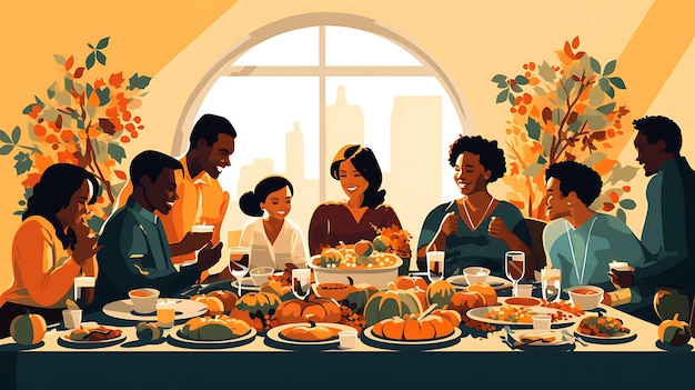 Poster van een gezin gecentreerd op een Thanksgiving-tafel die is gedekt voor een ontwerpidee voor Thanksgiving-vakantie 1