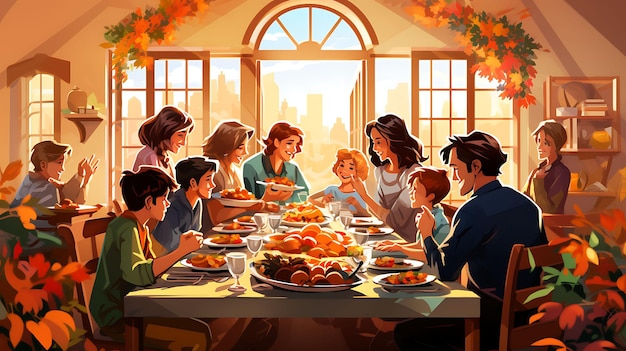 Poster van een gezin gecentreerd op een Thanksgiving-tafel die is gedekt voor een ontwerpidee voor Thanksgiving-vakantie 1