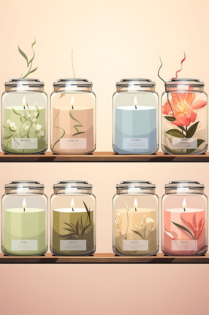 Poster van een verzameling geurige kaarsen in glazen potten Soft Pastel Colo Candlesmas 2D Flat Designs