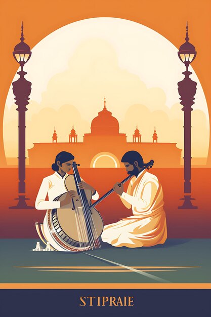 Foto poster van indiase muzikanten die klassieke muziek uitvoeren op traditionele i flat 2d design art creative