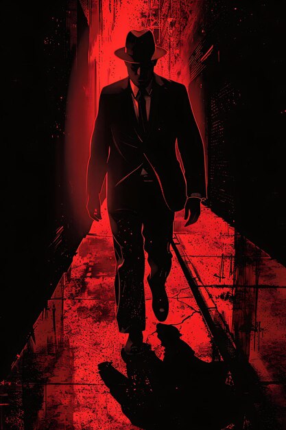 Poster van Man in een pak en Fedora lopen door een donkere steeg Schaduwen een collage Outline Banner Flyer
