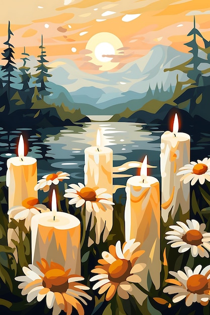 Poster van rij witte kaarsen met een zachte gele gloed zonnebloemen en kaarsen 2D platte ontwerpen