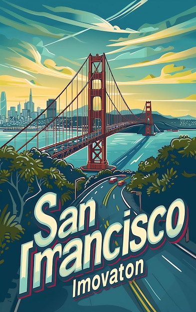 Poster van San Francisco-tekst en slogan Innovation Hub met uitzicht op illustratielay-outontwerp