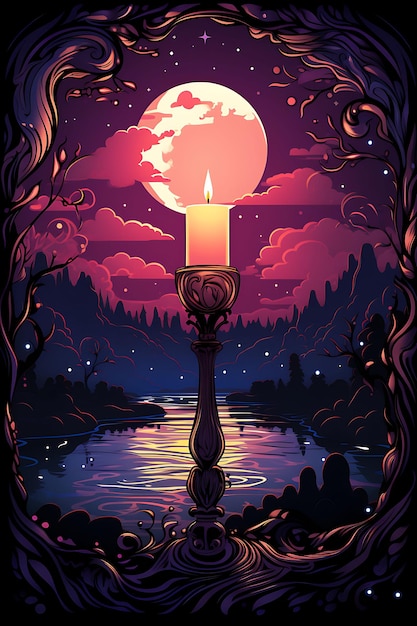 Poster van Single Pillar Candle With a Flickering Flame Deep Purple en Candlesmas 2D Flat Designs