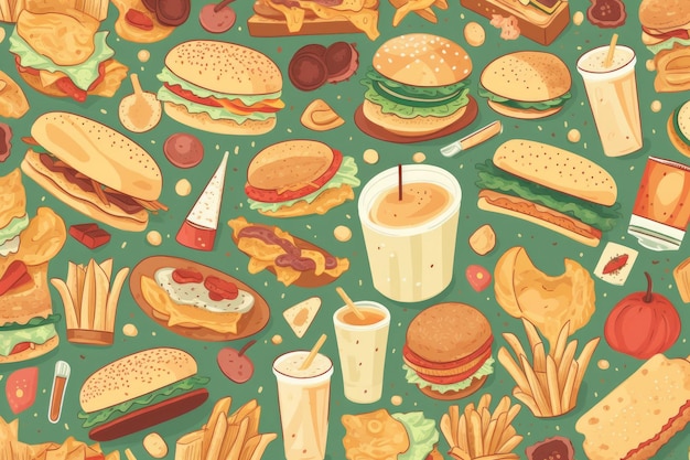 A poster of various foods including burgers, burgers, and fries.