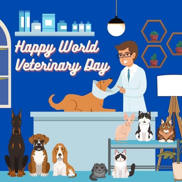 a poster of a veterinarians pet shop with a man petting a dog