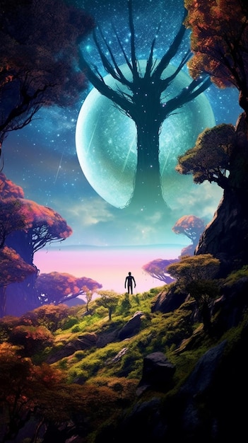 A poster for a video game called the man standing in front of a giant planet.