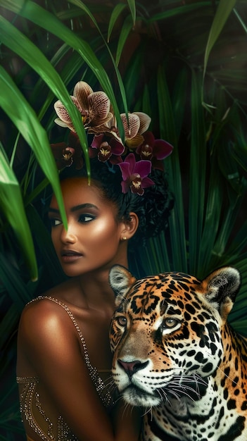 Poster voor de bescherming en het behoud van de dieren in het wild op de dag van de aarde mooie donkere vrouw met orchideeën in haar