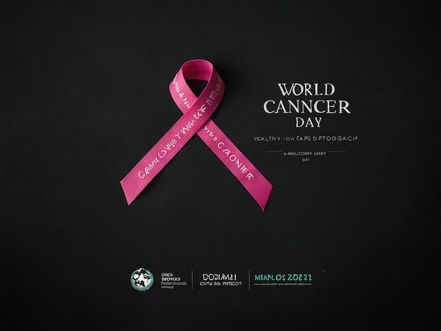 Poster voor de wereld is te zien op een zwarte achtergrond met een roze lint