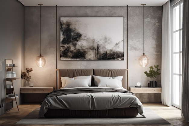 Photo poster on the wall close to the bedrooms interior which features a bed with nightstands two hanging lamps and light parquet a notion for a contemporary home design