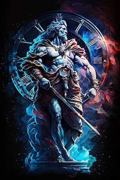 A poster of a warrior with a clock on his face.