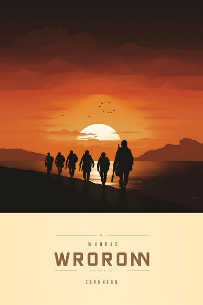 Poster of wars end horizon illustrating soldiers walking tow no war concept art 2d flat design