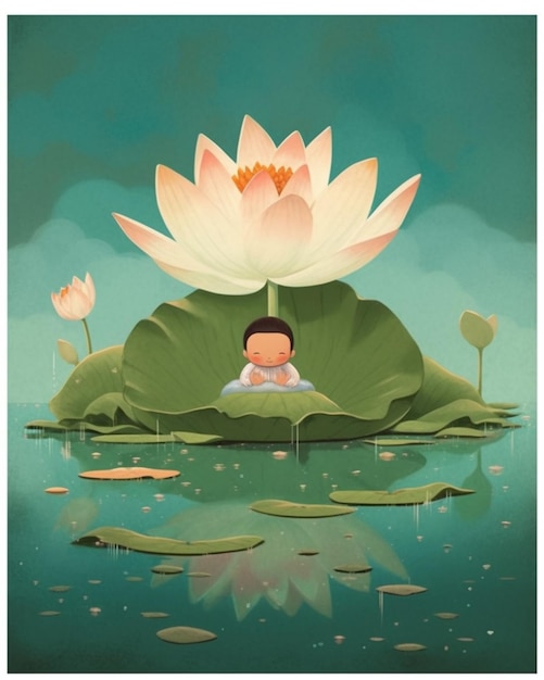 A poster for a water lily with a little boy sitting on it.