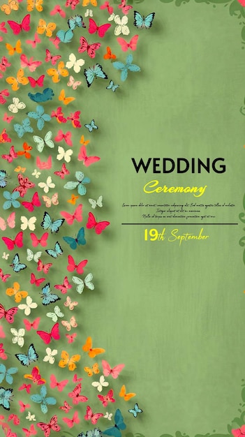 a poster for a wedding ceremony card with butterflies on the cover