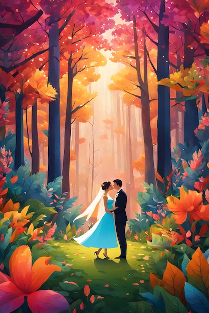 Photo a poster for a wedding in a forest with a couple in love ai generated