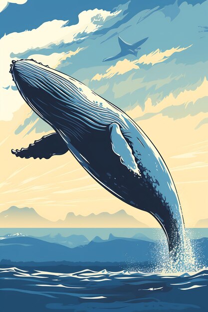 a poster for a whale jumping out of the water