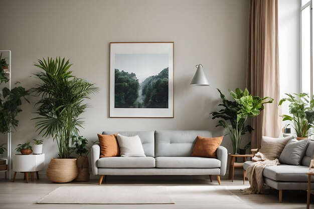 Poster above white cabinet with plant next to grey sofa in simple living room interior