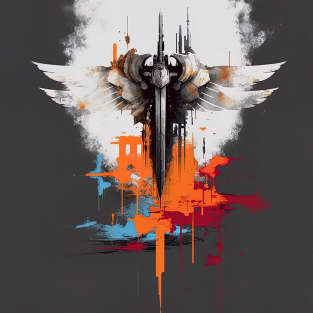 a poster of a winged sword with a cross on it