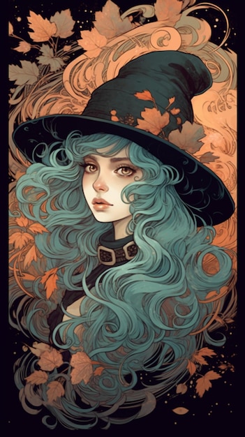 A poster for a witch with blue hair and a black hat.