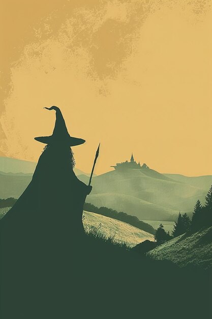 a poster for a witch with a broom and a hat