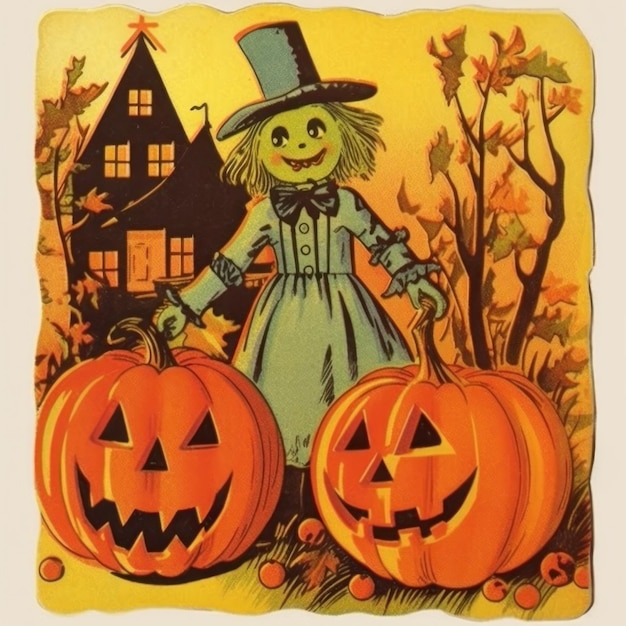 a poster for a witch with a scarecrow and pumpkins.