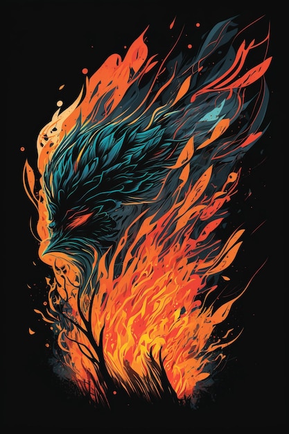 鳥が描かれた「火」と書かれたポスター。
