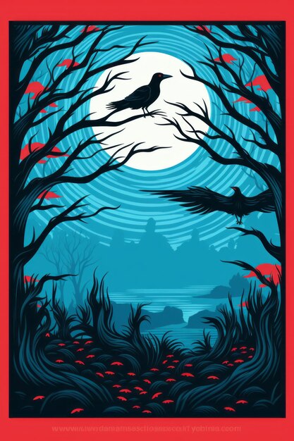 A poster with a black bird sitting on a tree