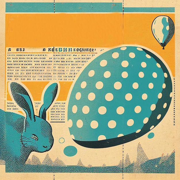 A poster with a blue bunny and a balloon on it.