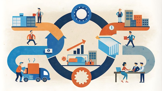 a poster with a blue and red graphic of people working with a blue and black circle