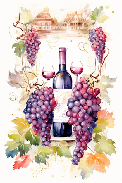 a poster with a bottle of wine and glasses