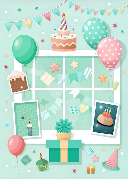 плакат с коробкой с тортом на день рождения и коробкой со подарком на открывающемся письме