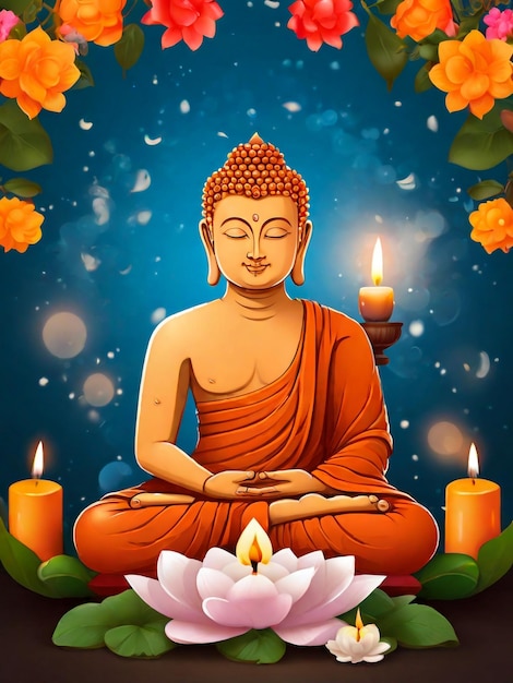a poster with a buddha sitting in front of a flower with a candle in the background