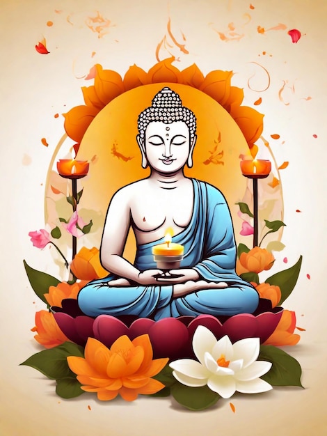a poster with a buddha sitting in front of flowers