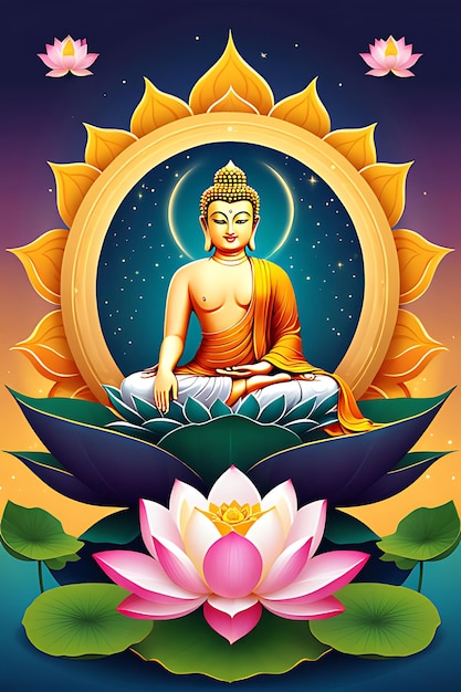 a poster with a buddha sitting in lotus flowers