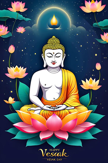 a poster with a buddha sitting in lotus flowers