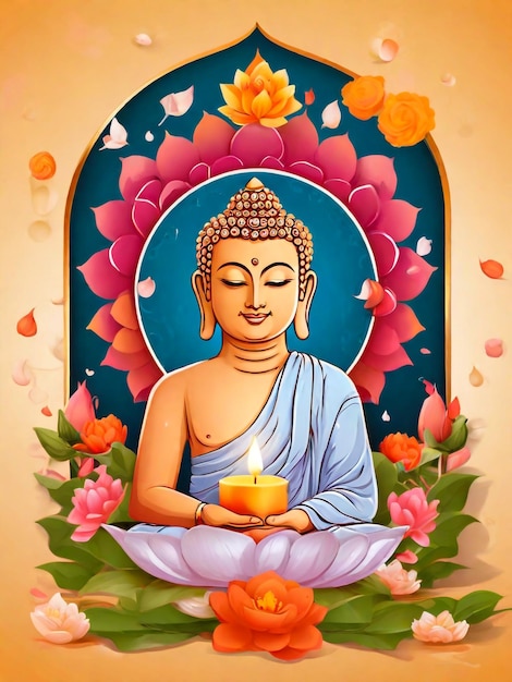 a poster with a buddha statue and flowers and a picture of buddha