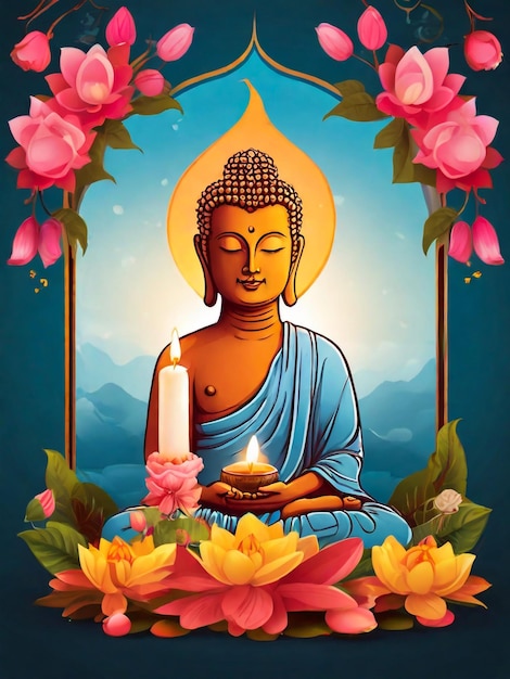 a poster with a buddha statue and flowers