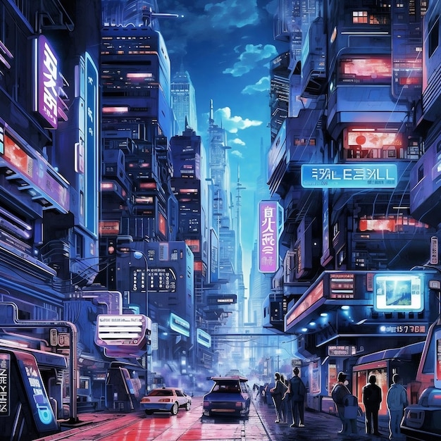 A poster with a building with a sign that says'cyberpunk'on it