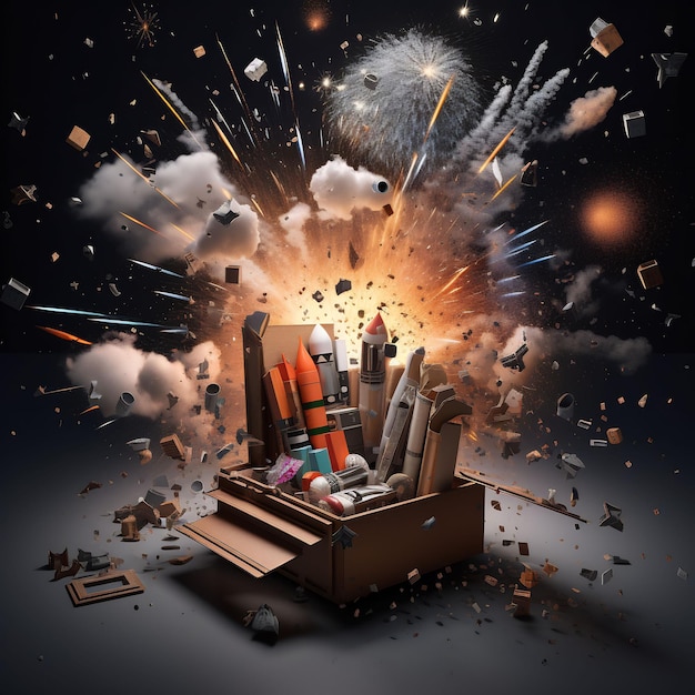 a poster with a bunch of fireworks and a man sitting in a box with a bunch of letters on it