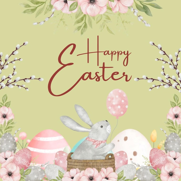 a poster with a bunny and flowers and a basket with easter eggs