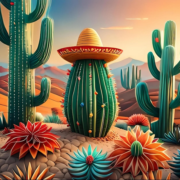 a poster with a cactus and cactus with a colorful sky in the background