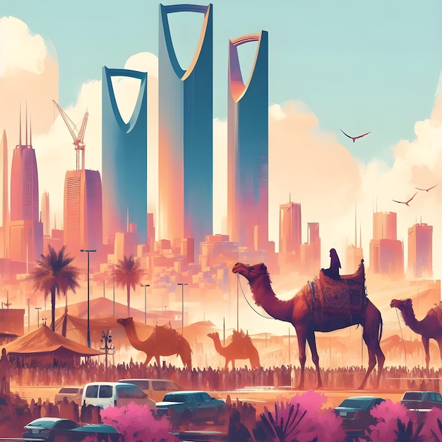 Photo poster with a camel and a car in the background ai generator