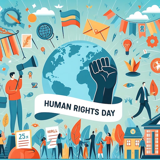 人権デー (Human Rights Day) のカートゥーン画像が掲げられたポスター