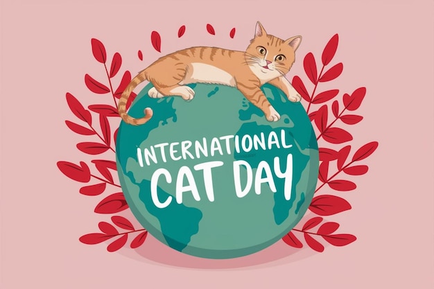 Photo a poster with a cat on the top of the globe with a red flower background