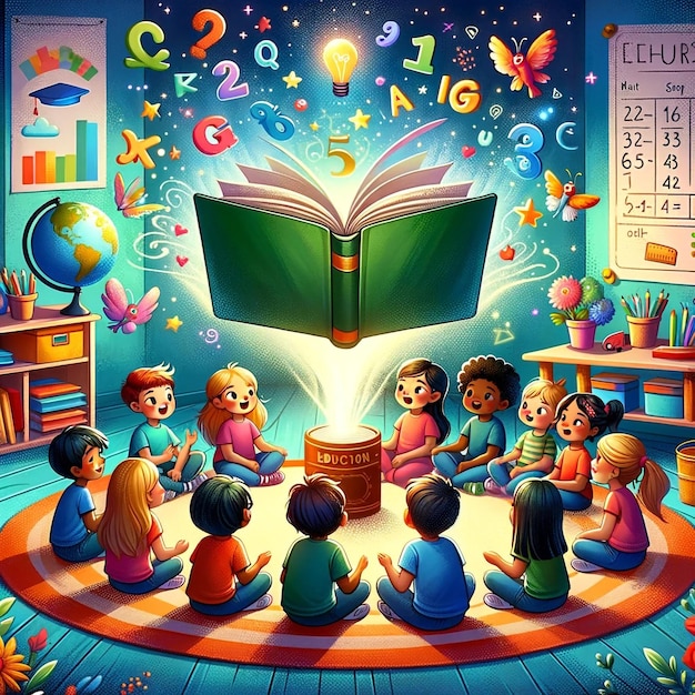 a poster with children reading a book