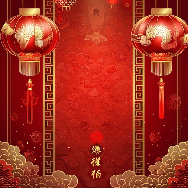 a poster with chinese lanterns and chinese letters on it