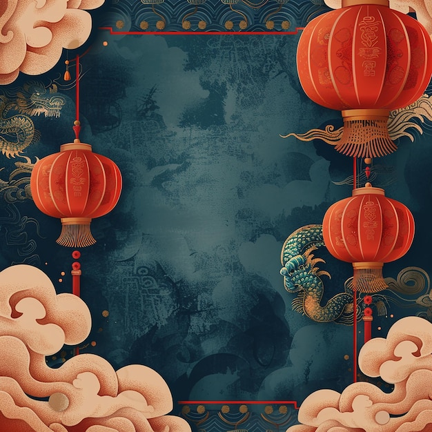 a poster with chinese lanterns and a dragon on it